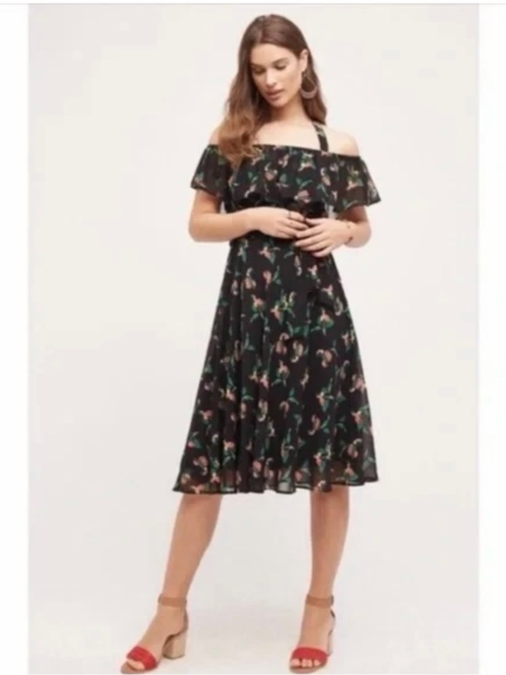 Vanessa Virginia Nigella off shoulder black floral midi dress